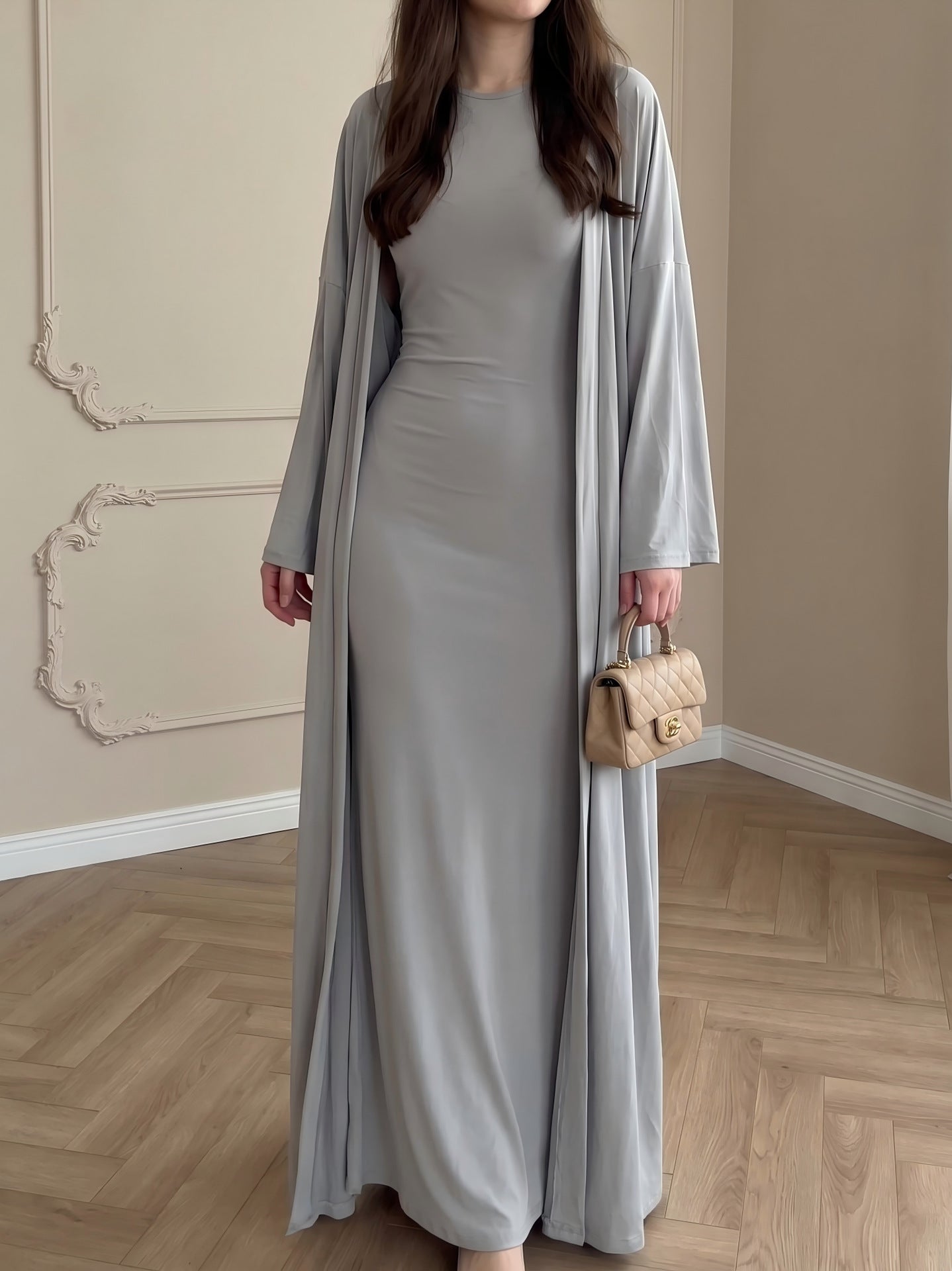 Open Front Cardigan & Bodycon Maxi Dress Set