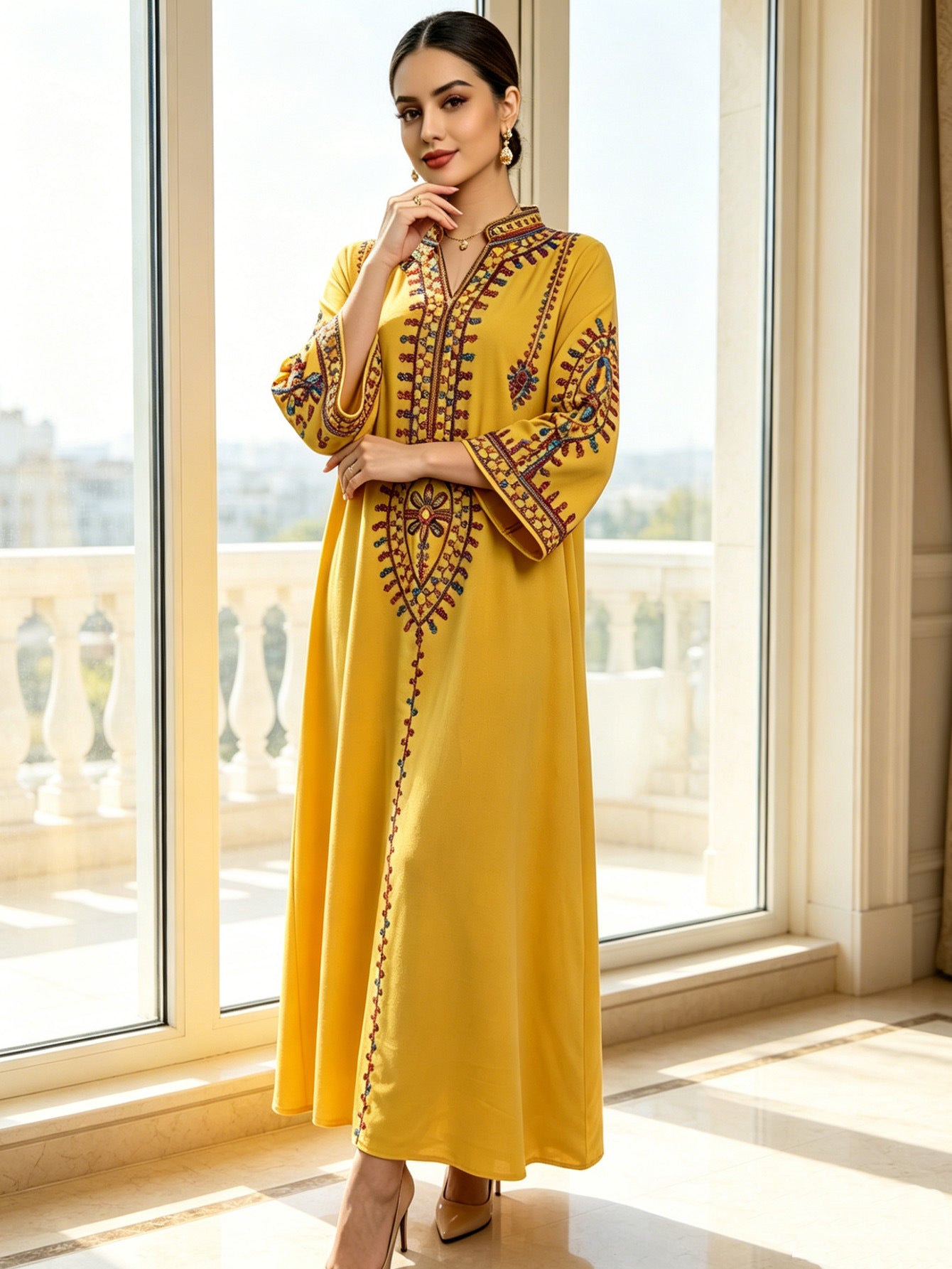 Embroidered Ethnic Maxi Abaya Dress