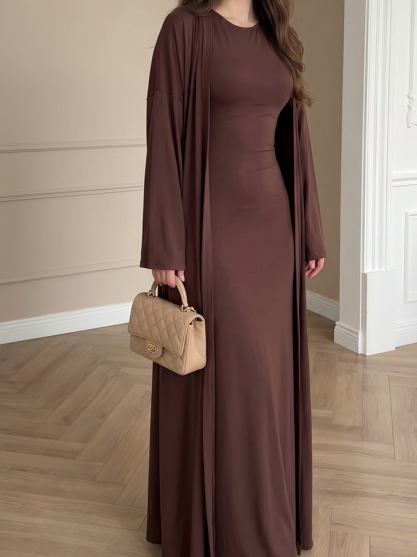 Open Front Cardigan & Bodycon Maxi Dress Set