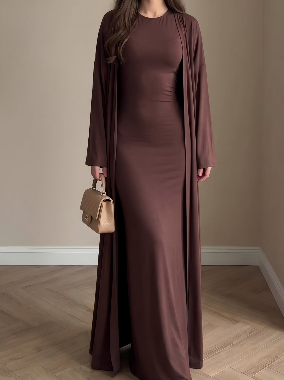 Open Front Cardigan & Bodycon Maxi Dress Set