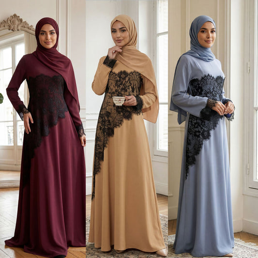 Lace Patchwork Maxi Abaya Dress