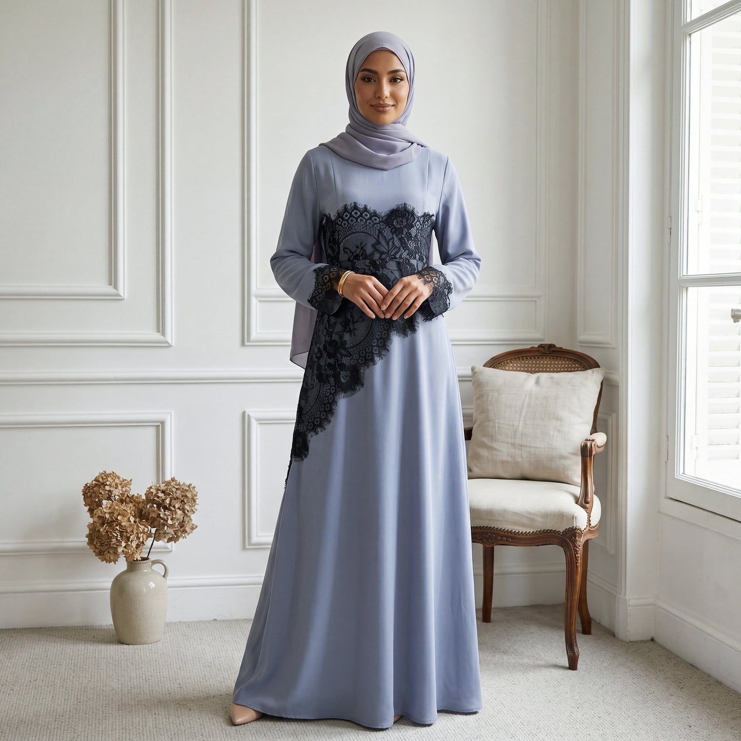 Lace Patchwork Maxi Abaya Dress