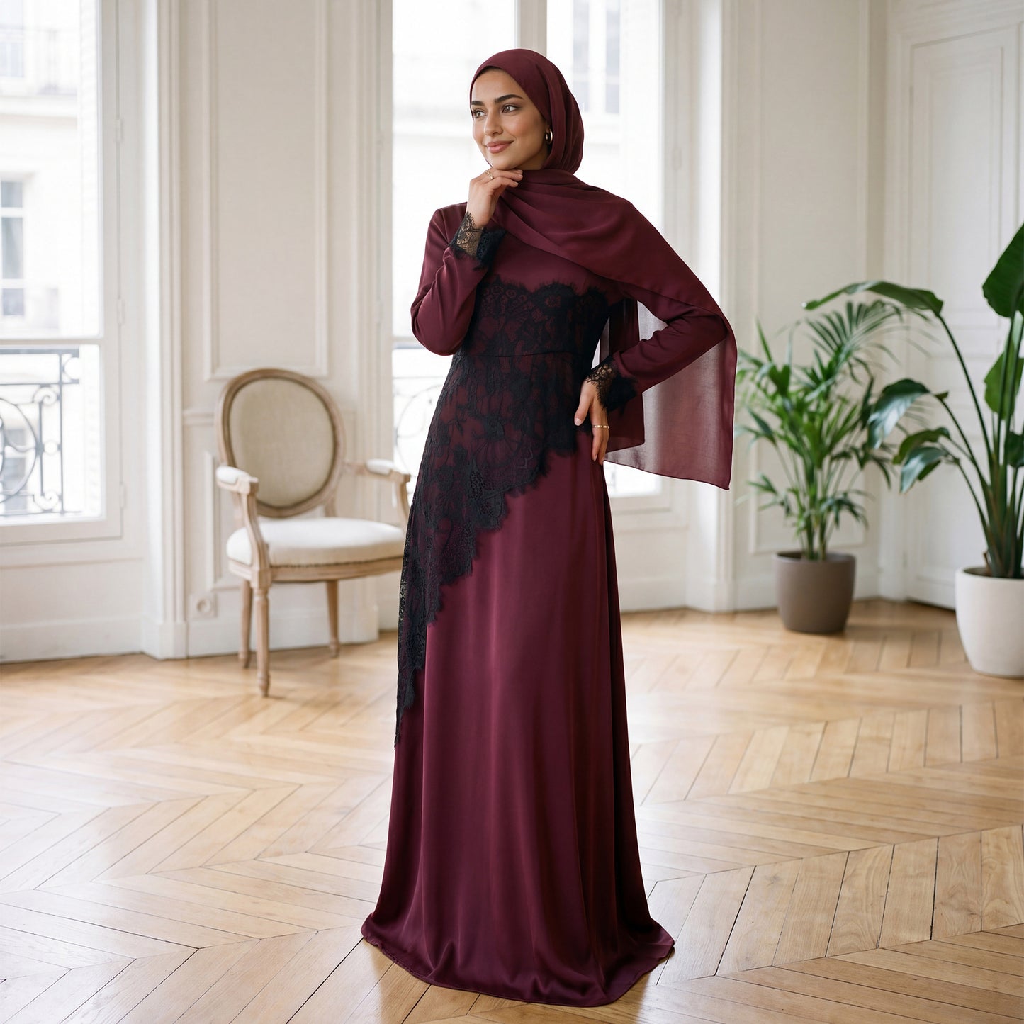 Lace Patchwork Maxi Abaya Dress