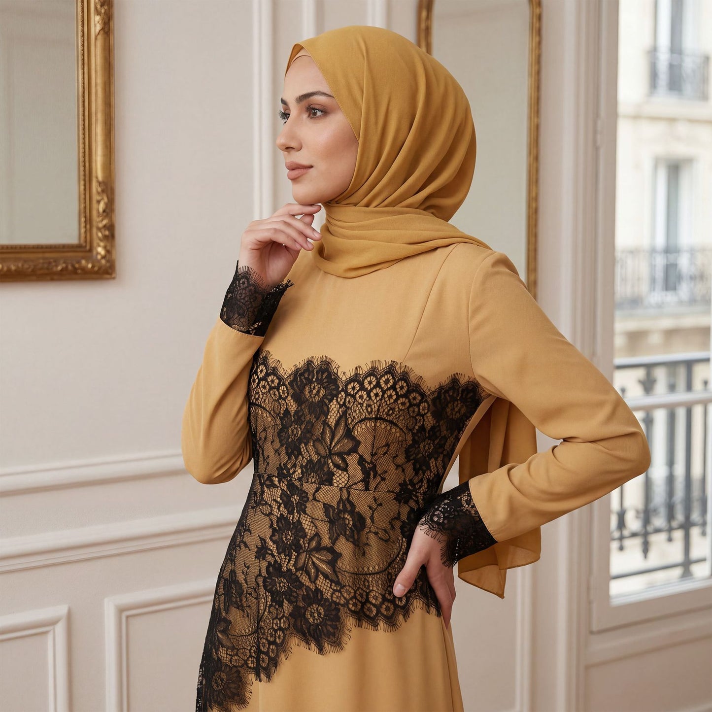 Lace Patchwork Maxi Abaya Dress