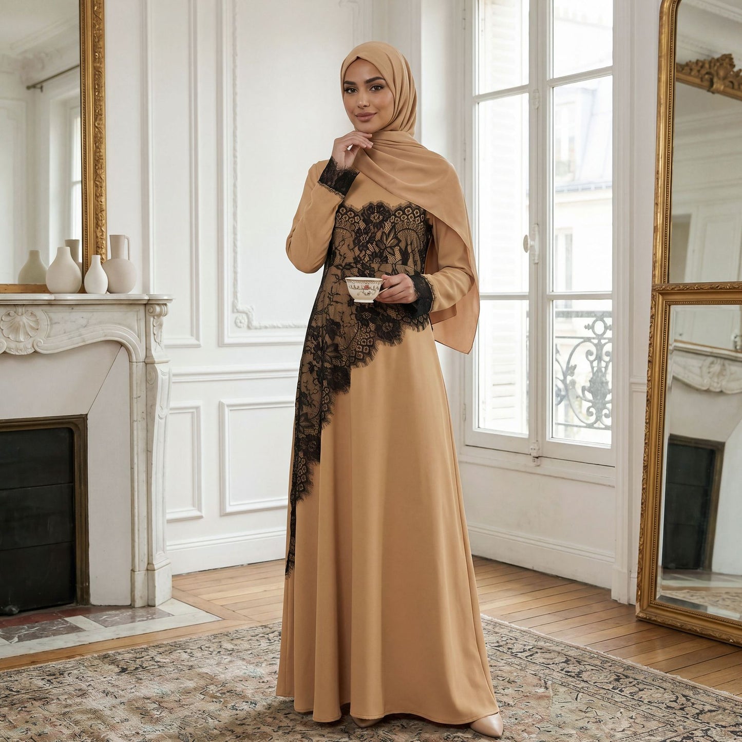 Lace Patchwork Maxi Abaya Dress